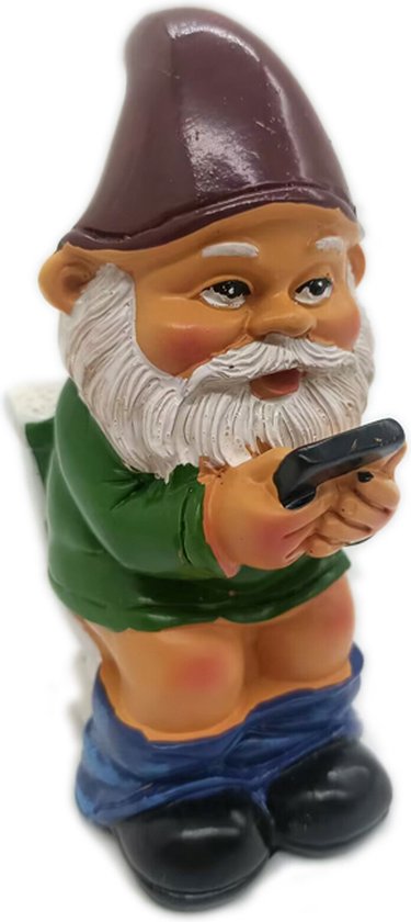 Grappige Kabouter Tuinornamenten-Kabouter op het Toilet met Mobiele Telefoon 5*7*12,5cm