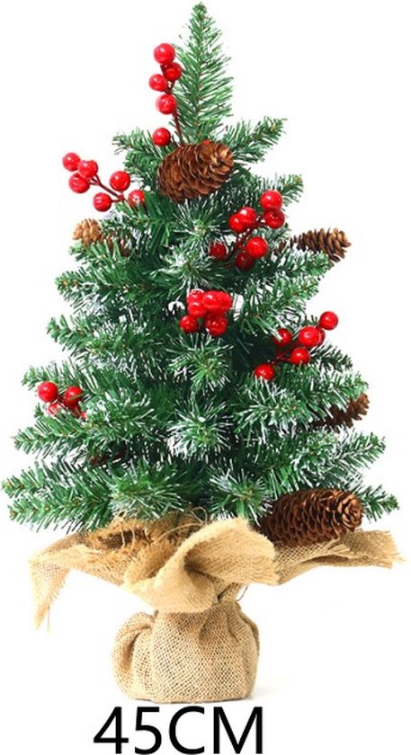 Luxe Mini Kerstboom – Met 1.5meter Warme LED Verlichting, Dennenappels en Rode Bessen – Sfeervolle Kerstdecoratie-45 cm