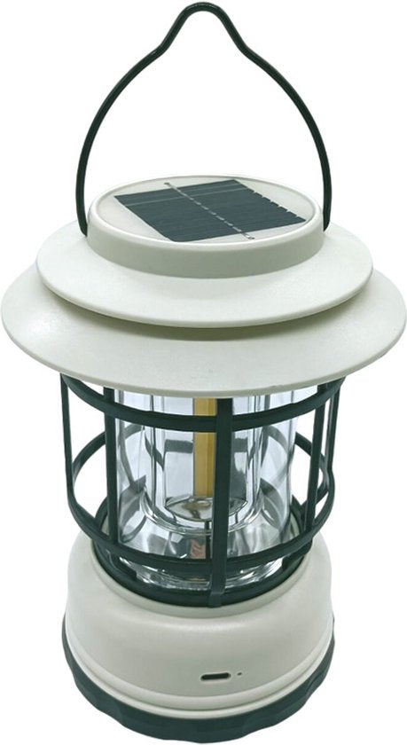 Multifunctionele Compacte Kampeerlamp met Powerbank - Duurzaam, Dimbaar & Waterdicht - USB/Zonne-Energie Opladen - Ideaal voor Outdoor & Tuin-Crème