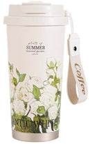 Thermos Mok met Bloemprint – 500ml – Roze – Dubbelwandig – Lekvrij – Met Draagriem – Ideaal voor Camping & Reizen