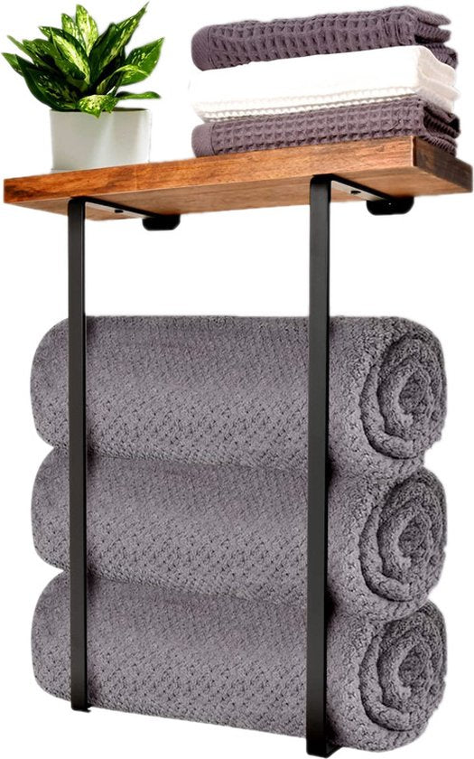 Handdoekrek met Houten Plank -Combineer Stijl en Functionaliteit-zwart