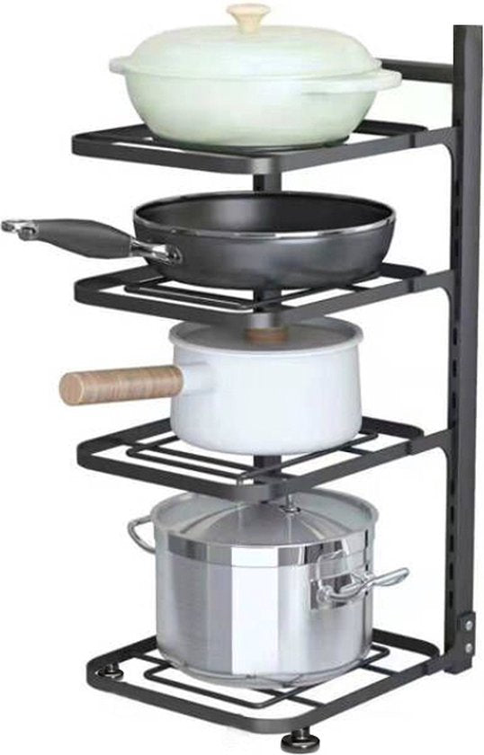 4 Lagen Verstelbaar Pannenrek van Premium Koolstofstaal - Ruimtebesparend, Multifunctioneel & Stevig - Perfect voor Potten, Pannen & Keukengerei-zwart
