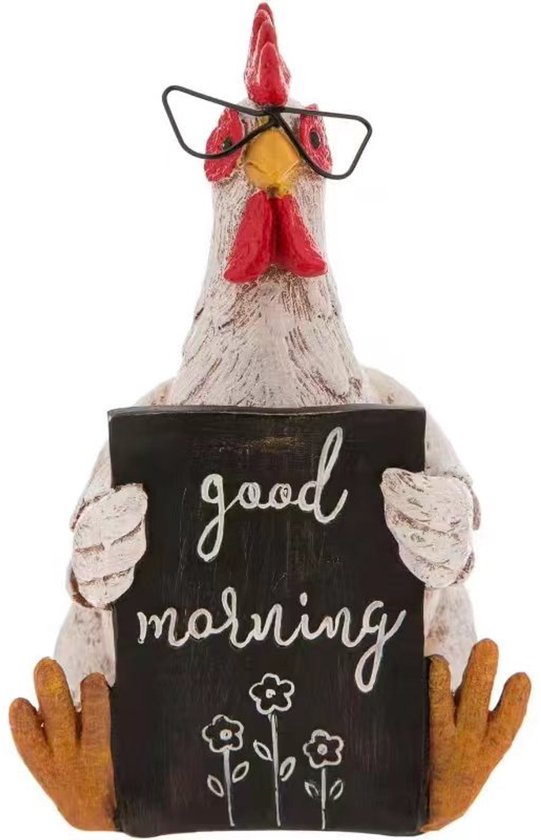 Decoratief Beeld-tuindecoratie kip-Creëer een levendige sfeer in je tuin - Duurzaam, Levendig en Veelzijdig, Haan met Bril "Good Morning" – 16,5 cm