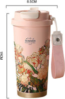 Thermos Mok Bloemprint 500ml Roze - Dubbelwandig Lekvrij