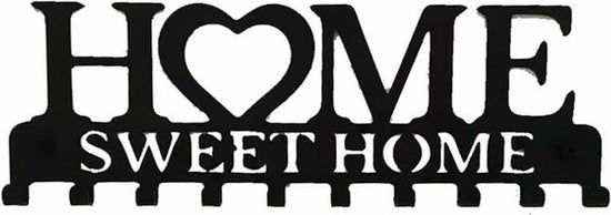 Metalen Wanddecoratie Sleutelrek - 10 Haken - Met Tekst "Home Sweet Home" - Vintage Design - Zwart