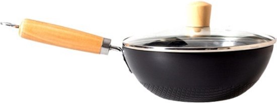 Traditionele Smeedijzeren Wokpan 20 cm met Deksel - Visgraat Non-Stick Coating - Geschikt voor Inductie, Gas, Elektrisch en Keramisch Koken