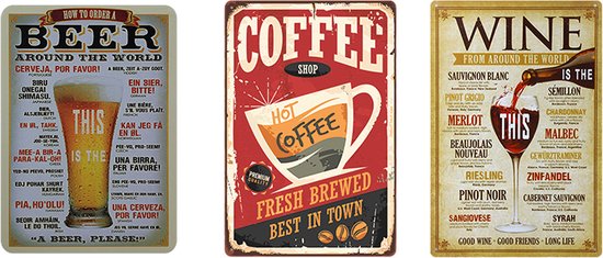 Merkloos 3-delige Wandbordenset: Bier, Koffie & Wijn 20x30cm