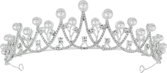 Luxe Zilveren Koninklijke Tiara met Witte Parels en Sprankelende Kristallen - Perfect voor Speciale Gelegenheden