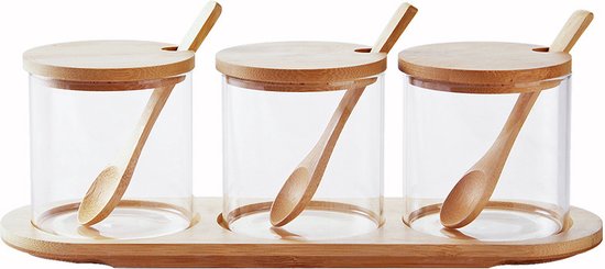 Set van 3 Glazen Kruidenpotjes met Bamboe Lepels