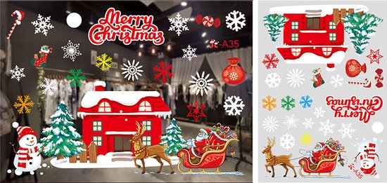 Kerst Raamstickers met Kerstman ,kerstbomen en sneeuwpop - Herbruikbaar & Statisch Hechtend - 50x35.5 cm