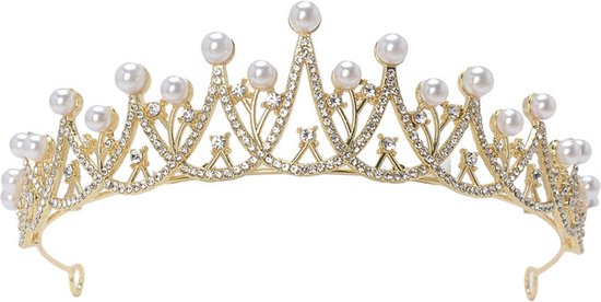 Luxe Tiara met Witte Parels en Kristallen voor Feestjes