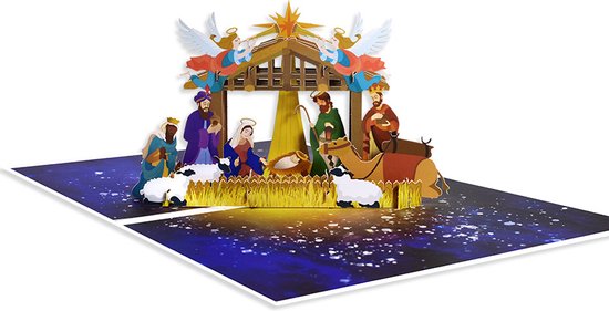 3D Kerstkaart Heilige Nacht – Luxe Pop-Up Kaart met Kerststal en Envelop