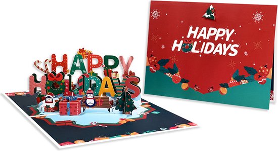 Luxe 3D Pop-up Kerstkaart - Happy Holidays Design met Pinguïns, Envelop en Boodschapkaart