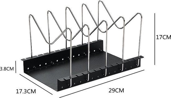 RVS Pannenrek verstelbaar- Pannenhouder -Dekselhouder -Keukenorganizer - Snijplankhouder- zwart