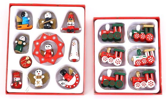 16 stuks Betoverende Houten Kersthangers – 2 Sets in Cadeaubox – Treinen & Speelse Figuren voor een Nostalgische Kerstsfeer