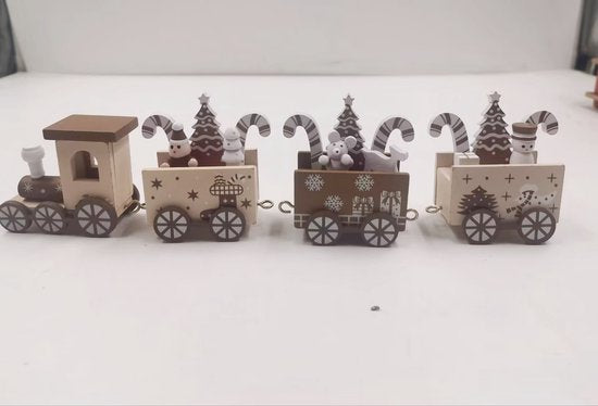 Luxe Houten Kersttrein - Kerstdecoratie - Kerstbomen, Cadeautjes en Snoepstokken - Nostalgische Feestsfeer- Bruin/Wit