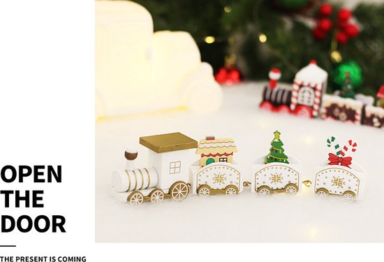 Luxe Houten Kersttrein - Nostalgische Kerstdecoratie - Gouden Accenten voor een Warme Feestsfeer - Wit/Goud