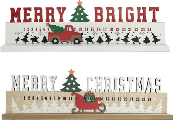 2delige Exclusieve Luxe Houten Kerst Aftelkalender – Magisch Ontwerp met Verplaatsbare Slee of Auto – Perfecte Feestdecoratie-40*5*12.5cm