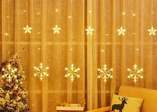 LED Sterren- en Sneeuwvloklichtgordijn - 3,5 Meter - Warme Kerstverlichting voor Binnen & Buiten - Betoverende Kerstdecoratie - 8 Verlichtingsmodi - Warm Wit