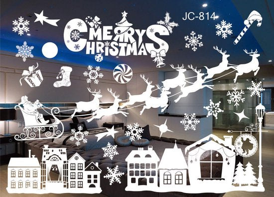 Kerst Raamstickers met Kerstdorp en Winterse Figuren - Herbruikbaar & Statisch Hechtend - 50x35.5 cm-wit
