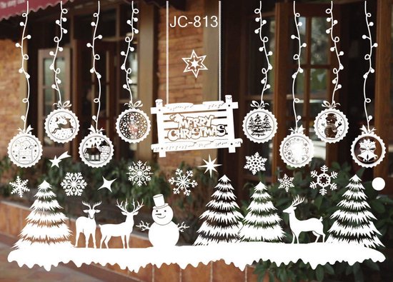 Kerst Raamstickers met sneeuwpop en kerstballen - Herbruikbaar & Statisch Hechtend - 50x35.5 cm-wit