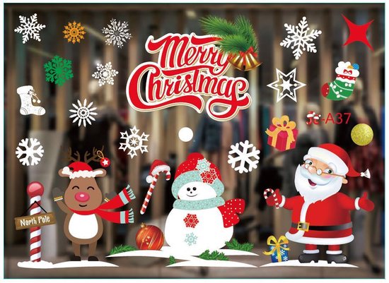 Kerst Raamstickers met Kerstman ,sneeuwvlokken en cadeautjes- Herbruikbaar & Statisch Hechtend - 50x35.5 cm
