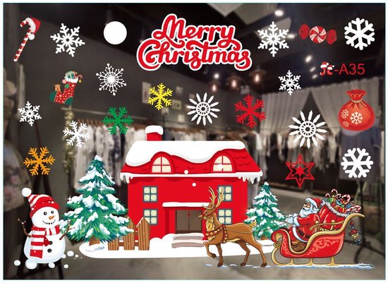 Kerst Raamstickers met Kerstman ,kerstbomen en sneeuwpop - Herbruikbaar & Statisch Hechtend - 50x35.5 cm