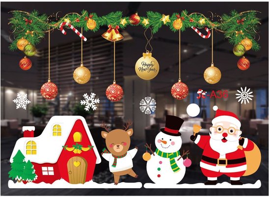 Kerst Raamstickers met Sneeuwpop ,huis en Kerstfiguren - Herbruikbaar en Statisch-35.5*50cm