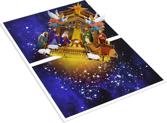 3D Kerstkaart Heilige Nacht – Luxe Pop-Up Kaart met Kerststal en Envelop