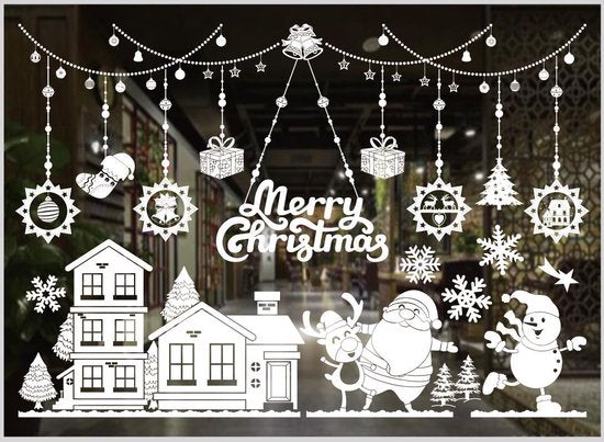 Kerst Raamstickers met Kerstman en Winterse Figuren - Herbruikbaar & Statisch Hechtend - 50x35.5 cm-wit