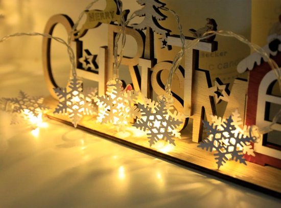 Kerstverlichting Sneeuwvlokken -Kerstdecoratie en Kerstversiering- 1.5m Lichtsnoer met 10 Sneeuwvloklampjes, Werkt op 2 AA-batterijen- Warm Wit