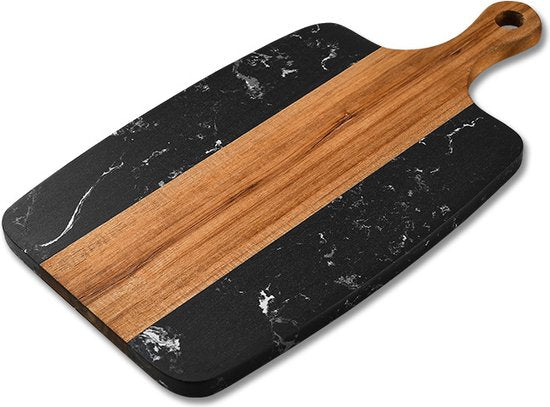 Luxe Marmer en Houten Snijplank - Stijlvol en Duurzaam met Handvat- 34,9 x 18,5 x 1,2 cm - zwart
