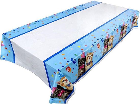 113 delig verjaardagset - Thema: Kat - met kopjes, bestek en tafelkleed -  Versiering voor feestjes, verjaardag - feestdecoratie