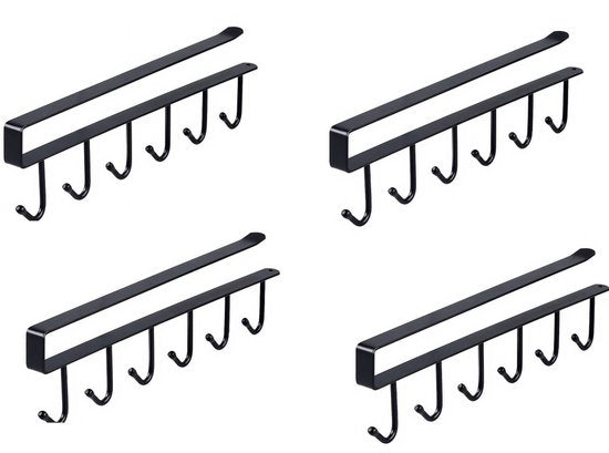 Keukenhaak Onder Plank – Set van 4 – Metaal – Zwart – 6 Haken – Ophangrek voor Keukengerei, Mok, Handdoek – 26cm