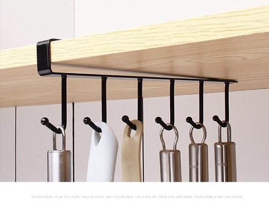 Keukenhaak Onder Plank – Set van 4 – Metaal – Zwart – 6 Haken – Ophangrek voor Keukengerei, Mok, Handdoek – afbeelding 6