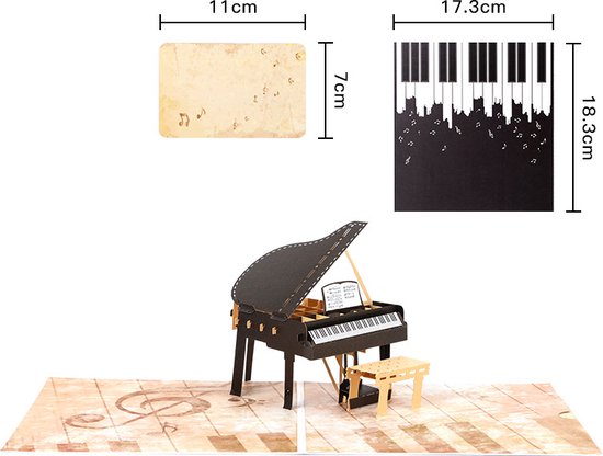 Grote 3D wenskaart piano, incl. envelop voor muziekfans