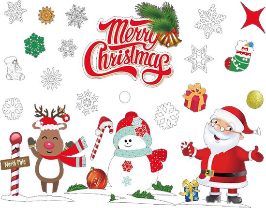 Kerst Raamstickers met Kerstman ,sneeuwvlokken en cadeautjes