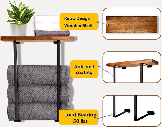 Handdoekrek met Houten Plank -Combineer Stijl en Functionaliteit-zwart