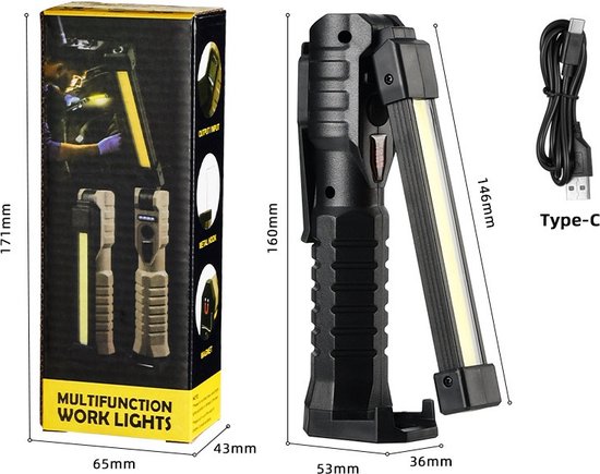 Oplaadbare Multifunctionele LED Werklamp met Sterke Magneet en Haak –bureaulamp- Ideaal voor Werk en Noodsituaties-zwart