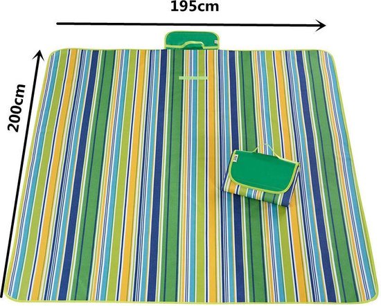 Picknickkleed / Strandkleed - 195x200 cm - voor 4 tot 6 personen - Opvouwbaar als handige tas - Zandbestendig & waterdicht & zandvrij - voor strand, park, kamperen, wandelen, familieconcerten, picknicken, etc. - grasgroen strip