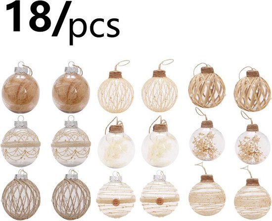 Set van 18 Luxe Transparante Kerstballen - Natuurlijk Design met Jute, Bloemen en Vezels - Duurzaam en Herbruikbaar-Ø 7.8 cm