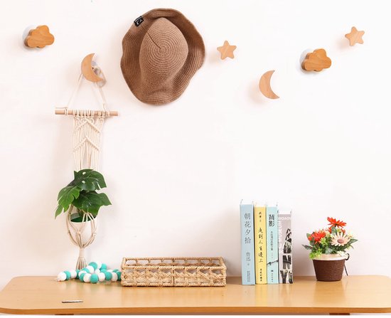 3 stuks Beukenhouten Kapstokhaken – Ster, Maan & Wolk