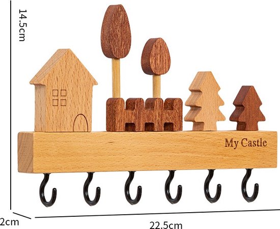 Unikorf Houten Sleutelhanger 6 Metalen Haken 22.5x2x14.5cm