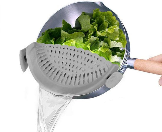 Siliconen Afdruiprek voor Pan – Flexibel Waterfilter – Universele Clip – Hittebestendig – Grijs