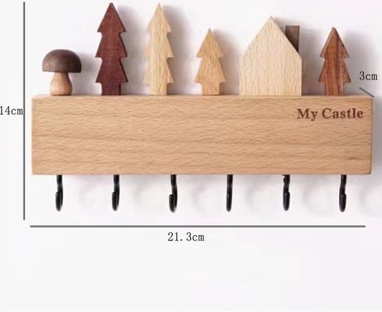 houten Sleutelkastje met zwarte haakjes-decoratieve sleutelrek-6 haakjes