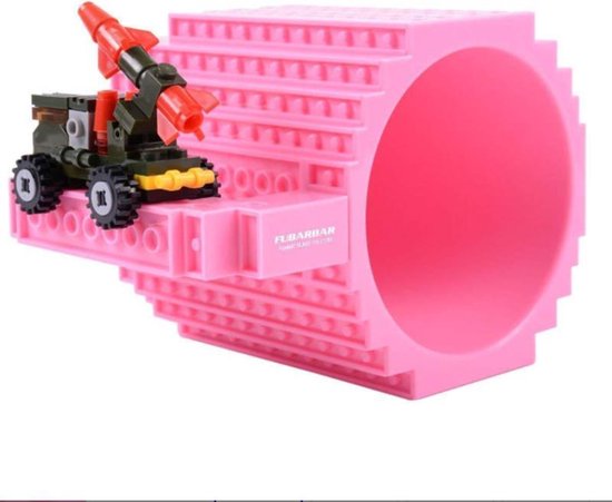 Build on Brick Mug - Donker Roze- 350 ml - bouw je eigen mok met bouwsteentjes - BPA vrije drinkbeker cadeau voor kinderen of volwassenen - koffie thee limonade of andere dranken - pennenbeker - creatief accessoire voor op bureau