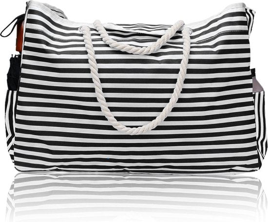 Waterbestendige strandtas zwart-wit 55x38x15cm met zakken