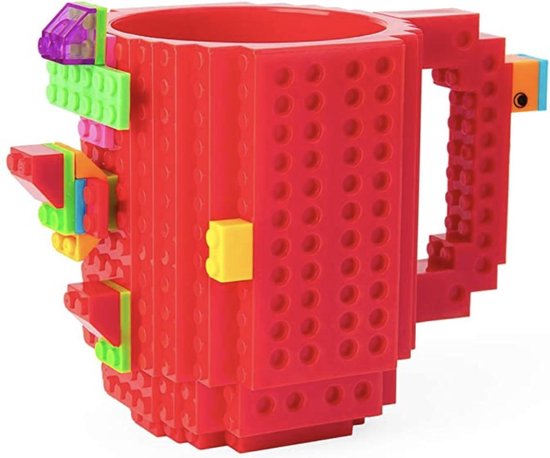 Build on Brick Mug - rood- 350 ml - bouw je eigen mok met bouwsteentjes - BPA vrije drinkbeker cadeau voor kinderen of volwassenen - koffie thee limonade of andere dranken - pennenbeker - creatief accessoire voor op bureau