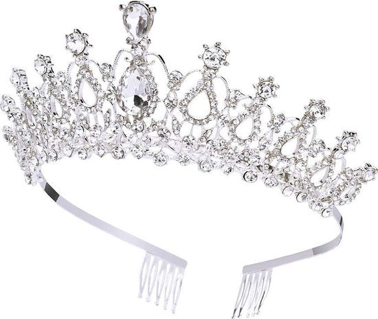 Betoverende diadeem Kroon met twee prachtige grote kristallen - Zijdelingse Kammen - Schitterende Accessoire voor Speciale Gelegenheden-zilver