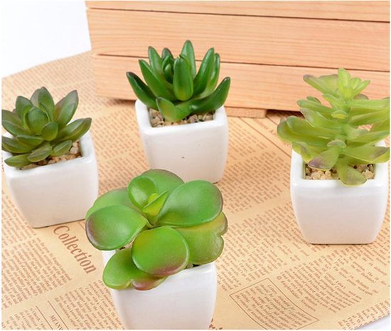 6x Kunstvetplantjes in Witte Keramieken Potjes - 8 cm
